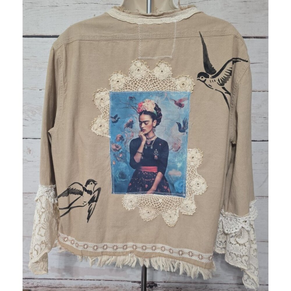 OOAK Magnolia Boho Upcycled Shirt Fringe Lace Appliques Frida Indie Artwear Sz L